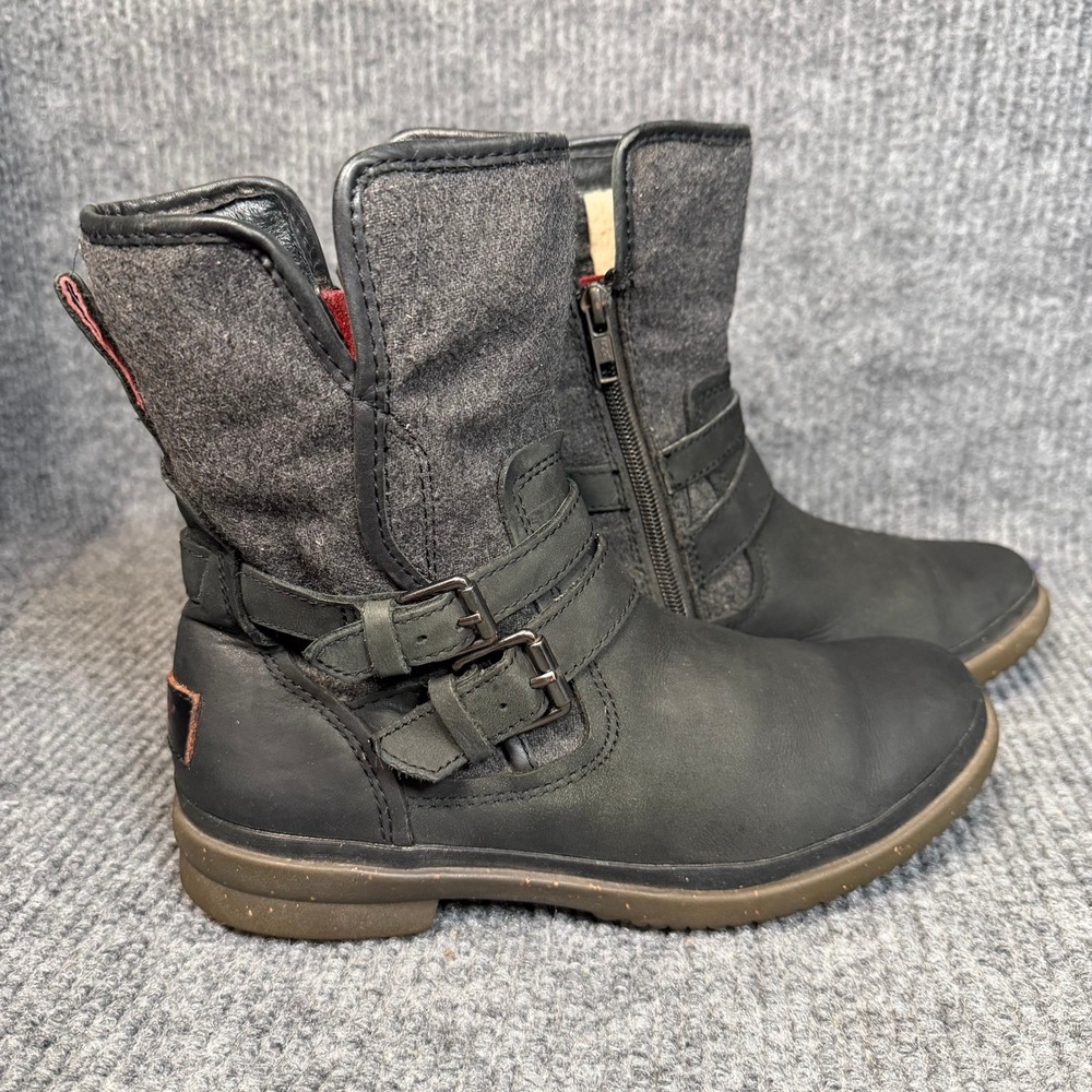 UGG Simmens Waterproof Boots Womens 8 Black Leather Wool Lined Zip Winter Moto
